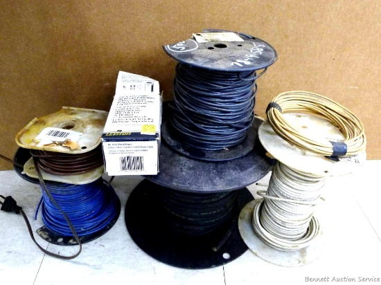 Spools of black and blue 12 gauge THHN/THWN/MTW stranded copper wire, plus white 10 gauge of similar