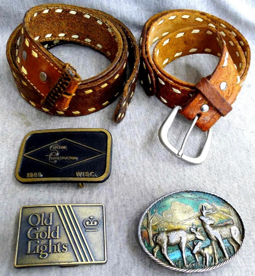 Two leather belts including 3 belt buckles to choose from for the one belt; longest belt measures