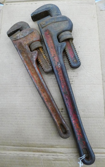 18" Ridgid and 14" Napa pipe wrenches with fair to good jaws and straight handles.