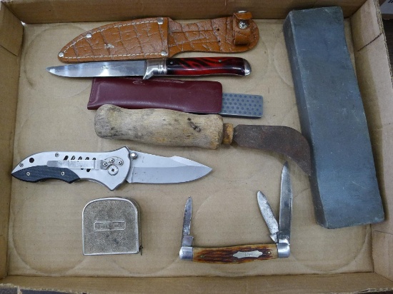 Saber three blade pocket knife is 4" closed; 4-1/2" diamond hone; 8" sharpening stone; other knives,