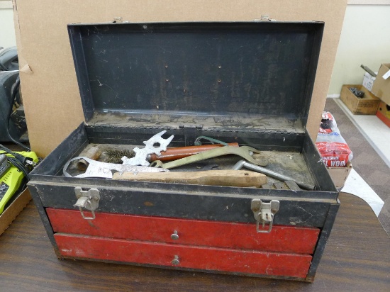 18" steel tool box with some specialty wrenches, precision gauges, wire brushes, more.