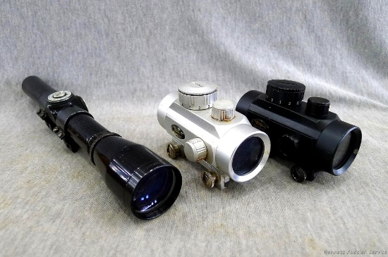 Two RD30 Red Dot sights by BSA, both work. Leupold M8 3-power rifle scope in Weaver mounts (missing