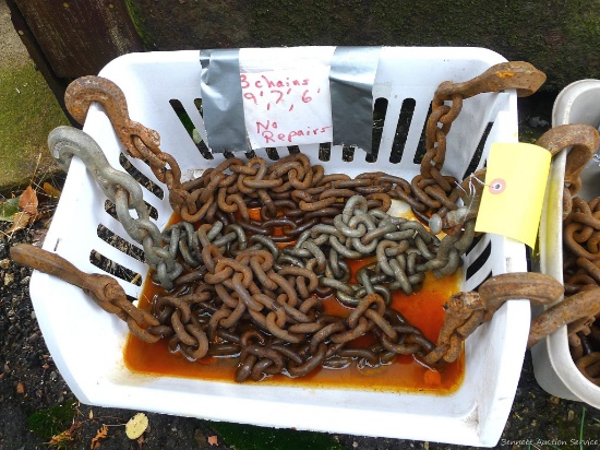 Three chains, five grab hooks and one slip hook. Seller notes 9' , 7' , 6' and no repairs.