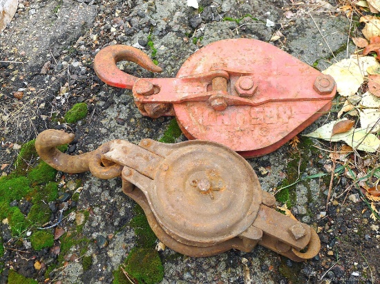 Two ton 6'' Crosby snatch block plus a similar pulley assembly, largest 16'' overall