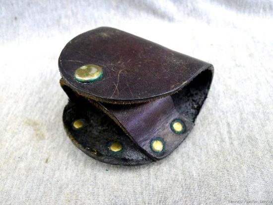 Leather snuff tin belt holder; measures 4" x 3-1/2".