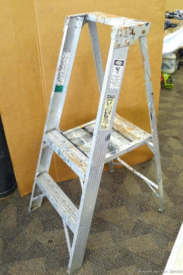 Werner aluminum 2 step, step stool with a nice sized platform; measures 17-1/2" x 28-1/2" x 46-1/2"