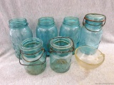 Six blue mason jars incl Ball and Quick Seal. plus a nice glass funnel in good condition. Larger