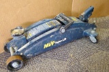 2-ton MVP Superlift floor jack, missing handle. Jack raises and lowers and has Speedy Lift feature.