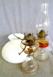 White hobnail glass lamp shade, along with two glass lanterns tallest measuring 17''