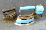 Vintage Coleman Cool Blue gas iron and a sad iron. Coleman about 11