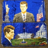 Two John F. Kennedy velvet wall tapestries. One scene is JFK at the White House and the other scene