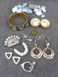 Sterling clamp earrings, clip on earrings, broaches (some missing pin), clasp bracelet and more.