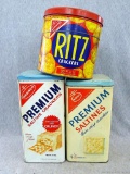 Ritz Crackers metal tin and two vintage Premium Saltines Cracker tins. Ritz can measures 6'' tall x