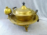 Antique single burner stove with plate and covered dish. Stove is marked Manning Bowman & Co of