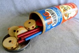 Big TinkerToy for Little Hands - vintage canister No. 104 is about 3/4 full with nice graphics.