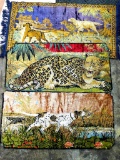 Animal wall tapestries, including cheetah and dog scenes. One dog tapestry is missing some fabric,