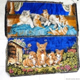 Animal wall tapestries, one with dogs and the other with cats. Both have some fabric missing, the
