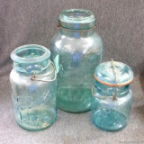 Atlas E-Z Seal blue 1-1/2 or 2 quart canning jar; Blue Ball Ideal quart and pint bale top canning