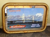 Budweiser Salutes the Great Lakes framed mirror features the Mackinac Bridge, measures 24