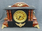 Beautiful Adamantine mantel clock by Gilbert Cock Co. both drives wind and hold, clock runs for a