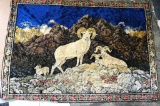 Velvet ram pictured wall tapestry, has some tears around edge, in overall good shape. Measures about