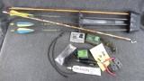 Quiver with 5 broad head Easton arrows, container filled with rangefinder, camo paint and more. A