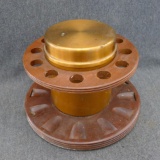 McDonald Corp. Duk-It walnut smoking pipe rack with brass tobacco humidor has a 10
