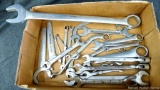 Assorted wrenches incl box end, open end, swivel socket end, narrow service, offset, others. Largest