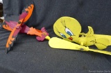 Tweety Bird and rooster whirlygig lawn ornaments are about 14