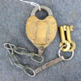 Antique brass railroad padlock by Wilson Bohannan; measures 2-1/2