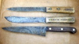 Three knives including Old Hickory with Ontario Knife Co. stamped on blade, Village Blacksmith