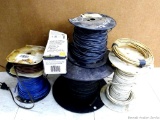 Spools of black and blue 12 gauge THHN/THWN/MTW stranded copper wire, plus white 10 gauge of similar