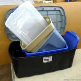 Totes including 50 gallon large tote, Rubbermaid, Sterlite and other totes; larges measures 40