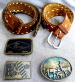 Two leather belts including 3 belt buckles to choose from for the one belt; longest belt measures