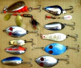 Spinner and spoon lures including Heddon, Wobbler, Red Eye Wiggler and more; longest lure measures