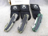 Whitetail Unlimited folding knives with sawblade; the 2 larger knives blade & saw blade measures