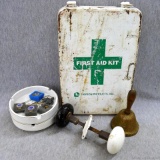 Antique doorknob, vintage First Aid Kit, ashtrays, pins, more. Doorknob in good condition, about