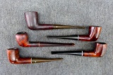 Five imported briar smoking pipes, two with hexagon bowls and all 5