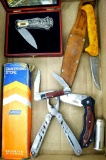 Folding knife with train picture on handle in wooden gift box, leather Wildcat knife sheath for