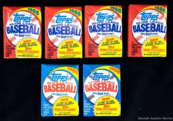 Lot of 4 Sealed Wax Packs of 1988 Topps Baseball Cards, and 2 Sealed Wax Packs of 1989 Topps