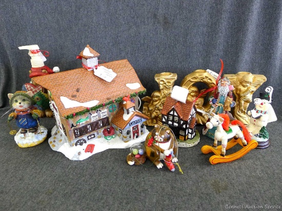 Lighted barn, JOY candle stick holders, Christmas bear soap dispenser and other Christmas ornaments