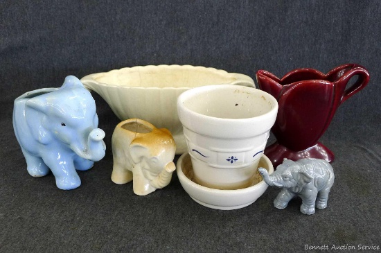 Longaberger Pottery planter, 3 other planters including 2 elephant shaped and another elephant;