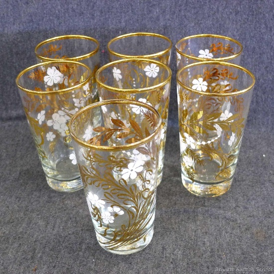 Fun set of 7 glasses with gold trim and leaves with white flowers; glasses measure 5" tall.