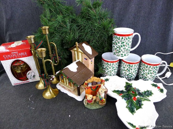 Light up church for Christmas village, 4 Christmas mugs, trumpet candlesticks and more Christmas