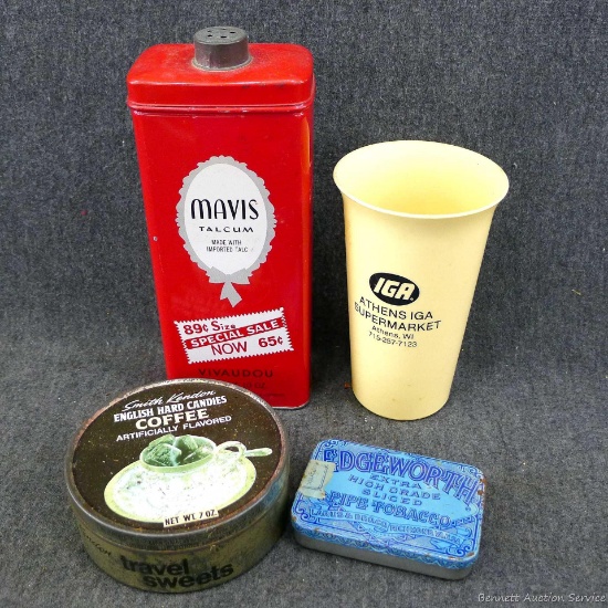Mavis talcum powder tin is 7-1/2"; Athens IGA Supermarket; Edgeworth pipe tobacco tin; more.
