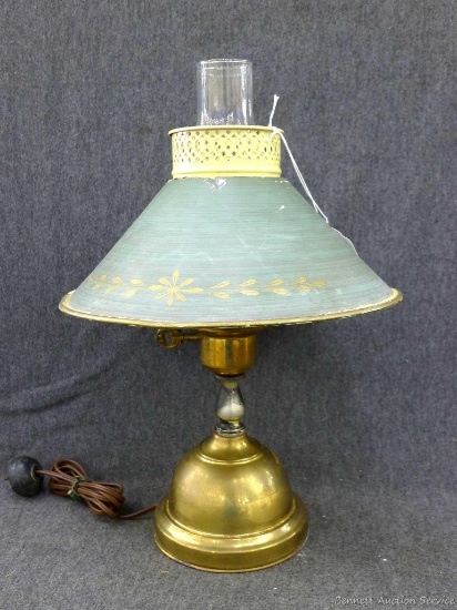 Cute little brass toned table lamp stands approx. 15" overall.
