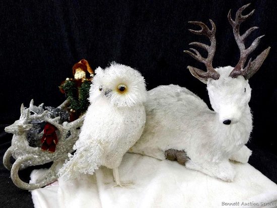 White and sparkly owl and deer, sleigh, birds, pinecones, and a soft white 14" x 72" runner or shawl