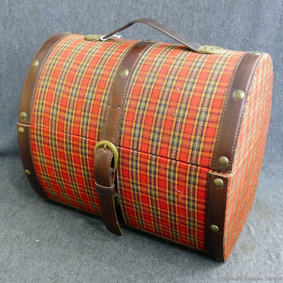 Plaid case is about 13" x 9" x 11" high and in good condition.