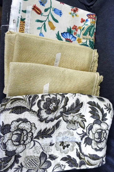 Three patterns of upholstery fabric. Seller notes two bolts of tan fabric are 1-3/8 yd x 58" and