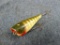 Old wooden fishing lure has glass eyes and measures about 3